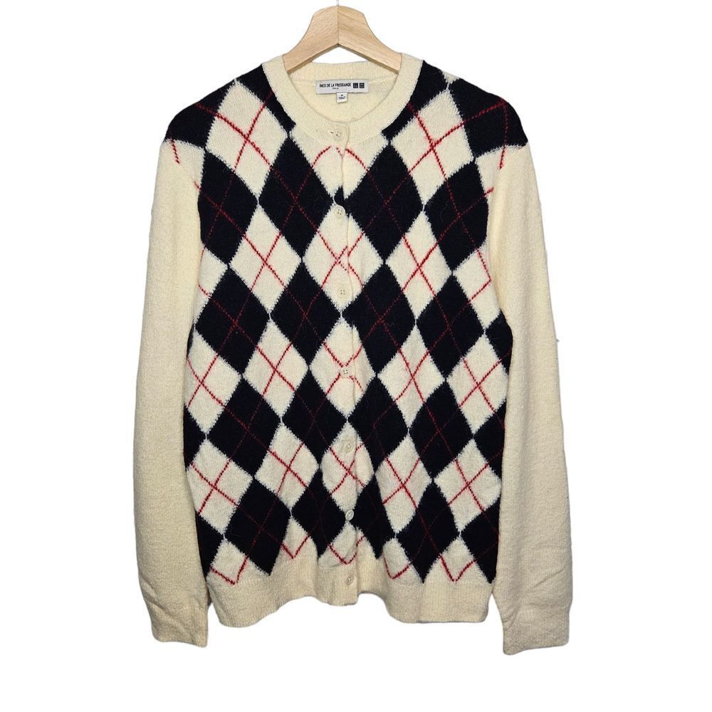 Uniqlo Cream Black Argyle Cardigan with Red Accents